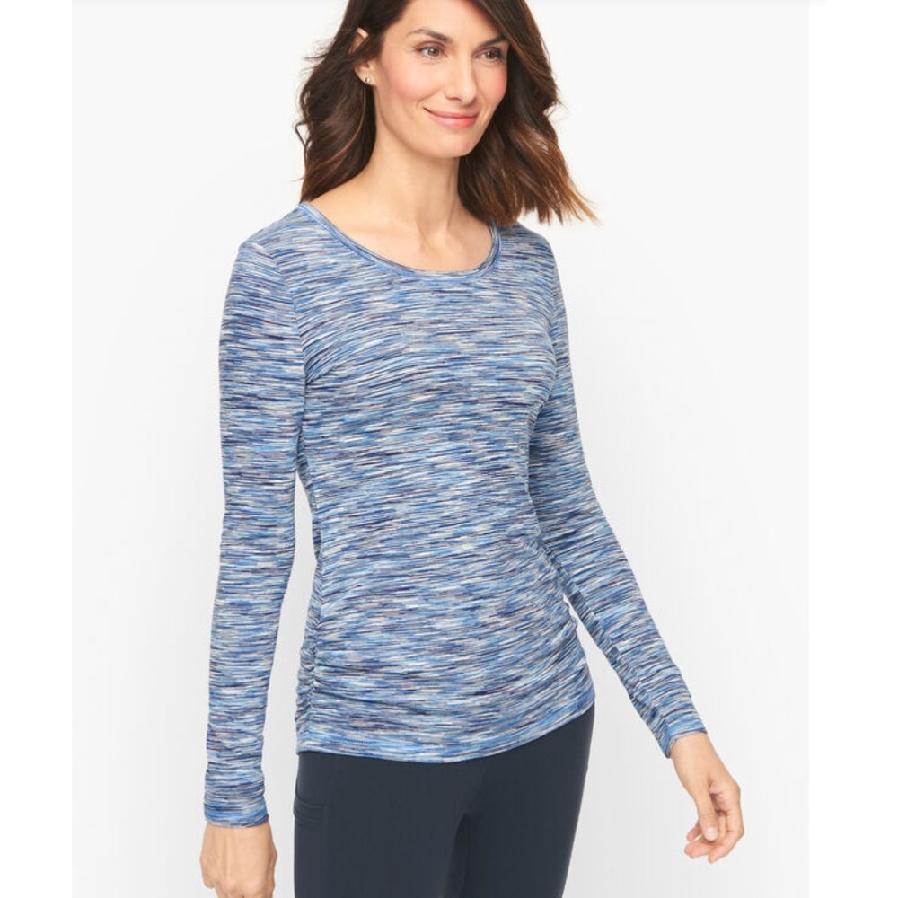 T by Talbots Women Blue Space Dye Scoop Neck Ruched Side Long Sleeve Tee P